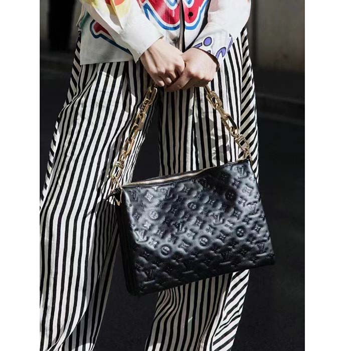 Louis Vuitton LV Women Coussin MM Handbag Black Monogram Embossed Puffy Lambskin