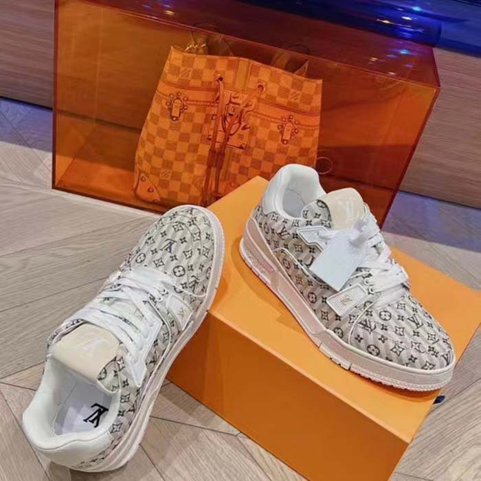 Louis Vuitton Unisex LV Trainer Sneaker Beige Monogram Textile Rubber Outsole Initials