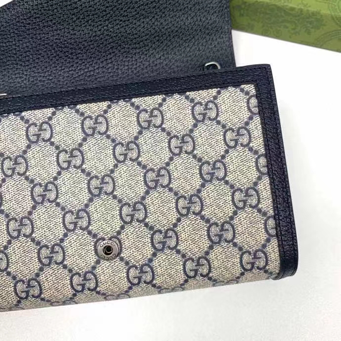 Gucci Women Dionysus GG Mini Chain Wallet Beige Blue GG Supreme Canvas Leather