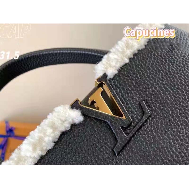 Louis Vuitton LV Women Capucines MM Bag Black Taurillon Leather Shearling Cowhide