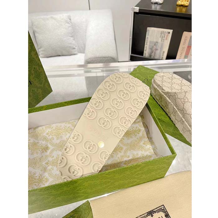 Gucci Unisex Slide Sandal Interlocking G Beige Ebony GG Rubber Low Heel