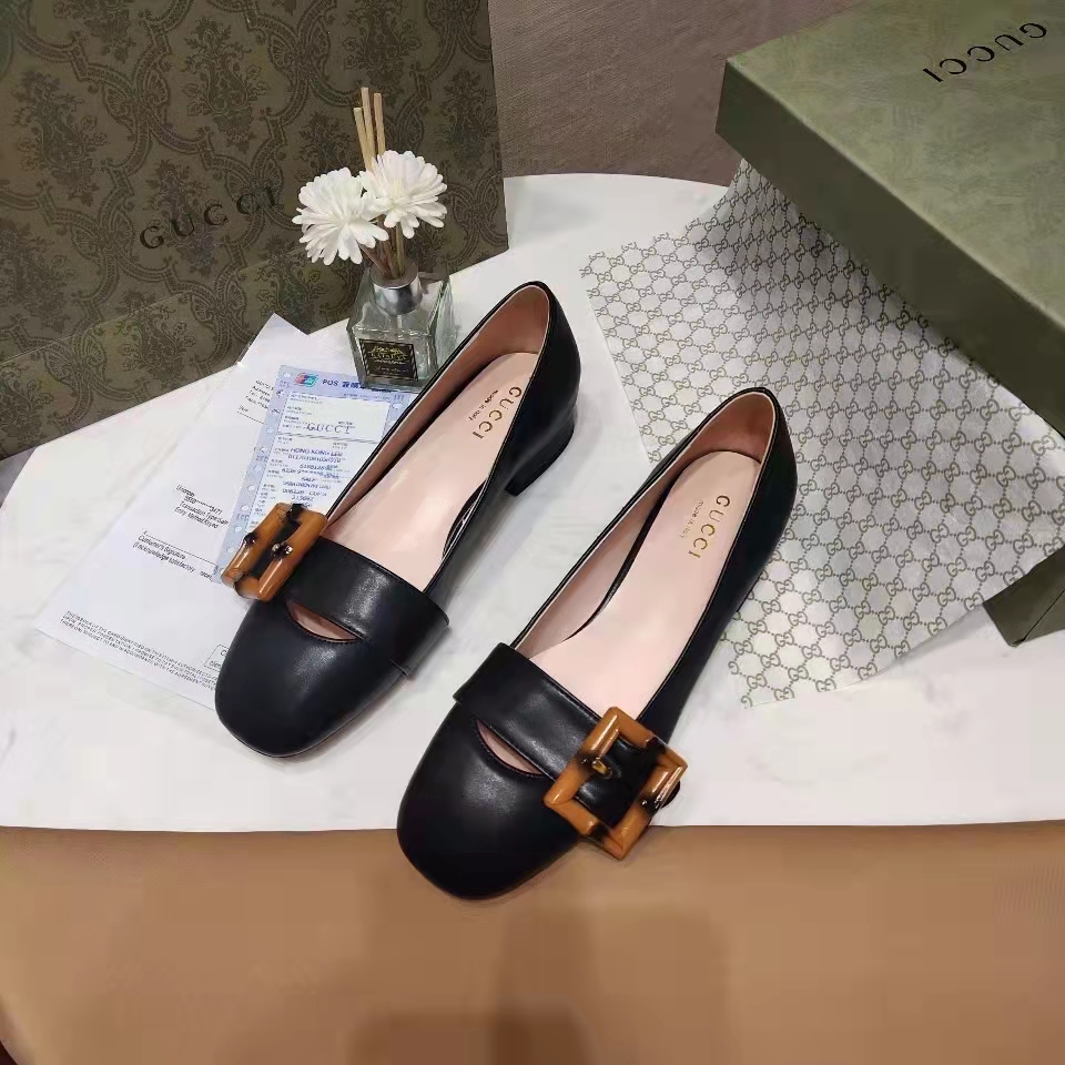 Gucci Women’s GG Ballet Flat Bamboo Buckle Black Leather Round Toe Chunky Heel