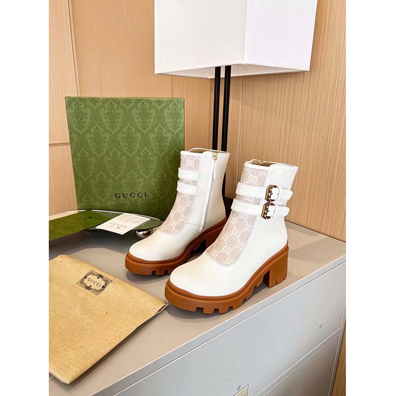 Gucci Women GG Ankle Boot Buckles White Leather Rubber Sole Mid-Heel