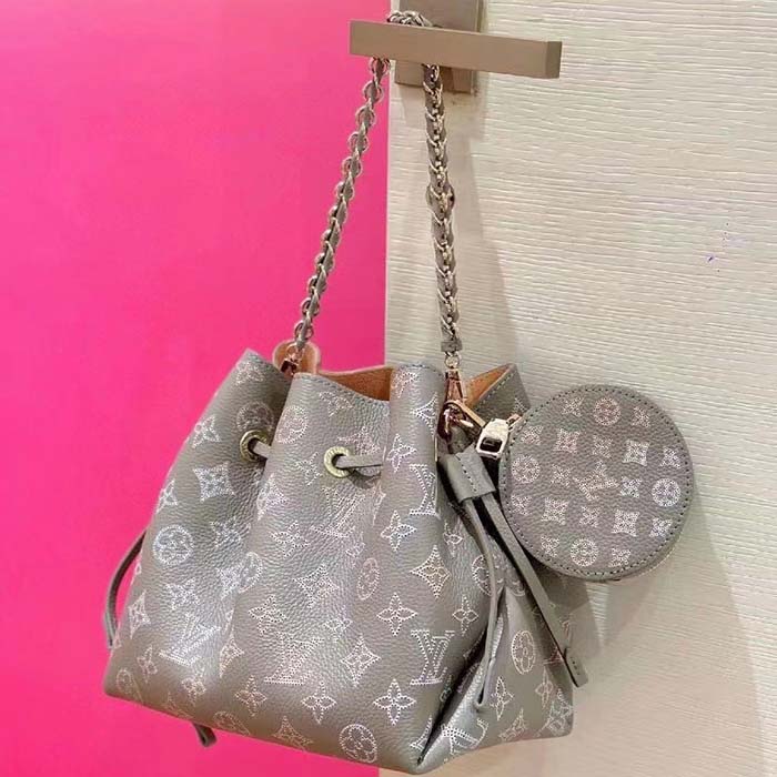 Louis Vuitton LV Women Bella Bucket Bag Gray Mahina Perforated Calfskin Leather Microfiber Lining