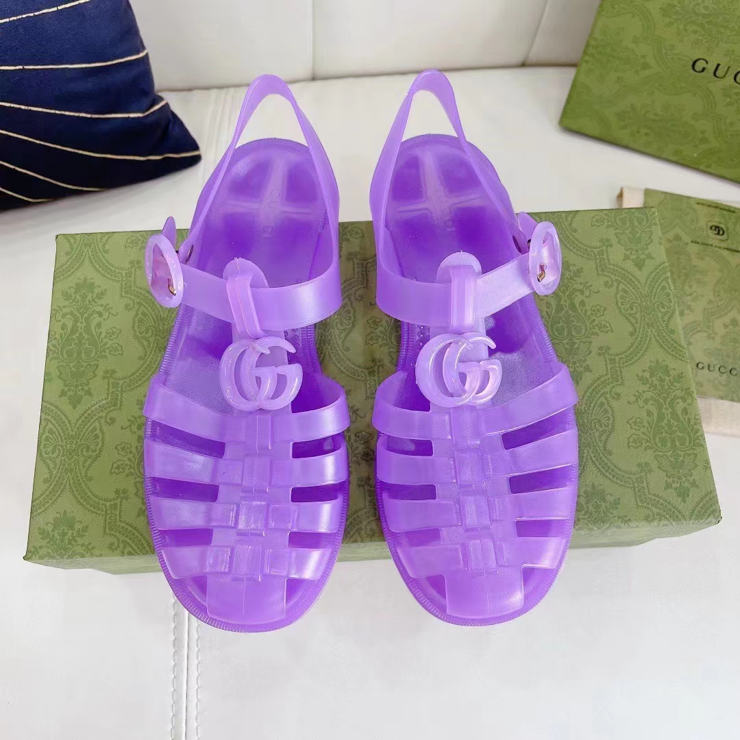 Gucci Unisex GG Sandal Double G Light Purple Rubber Sole Ankle Buckle Flat