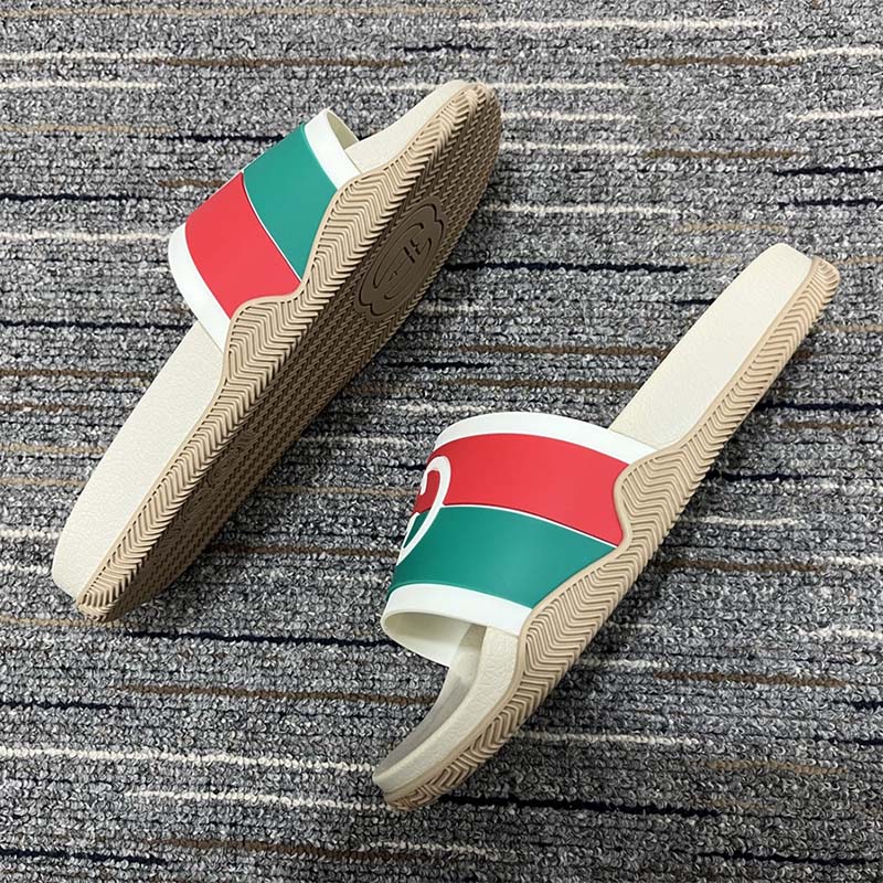 Gucci Women Interlocking G Slide Sandal Striped Rubber White Footbed Rubber Sole Flat
