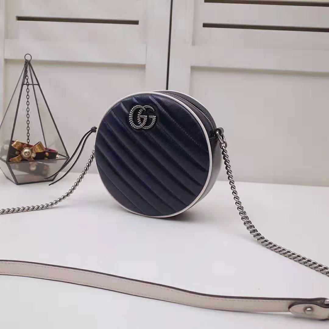 Gucci GG Women GG Marmont Mini Round Shoulder Bag in Blue Diagonal Matelassé Leather