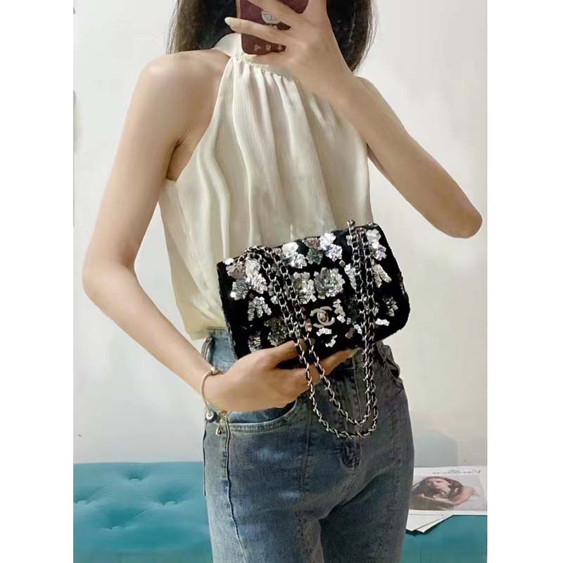 Chanel Women CC Classic Handbag Embroidered Velvet Sequins Silver-Tone Metal Black Silver