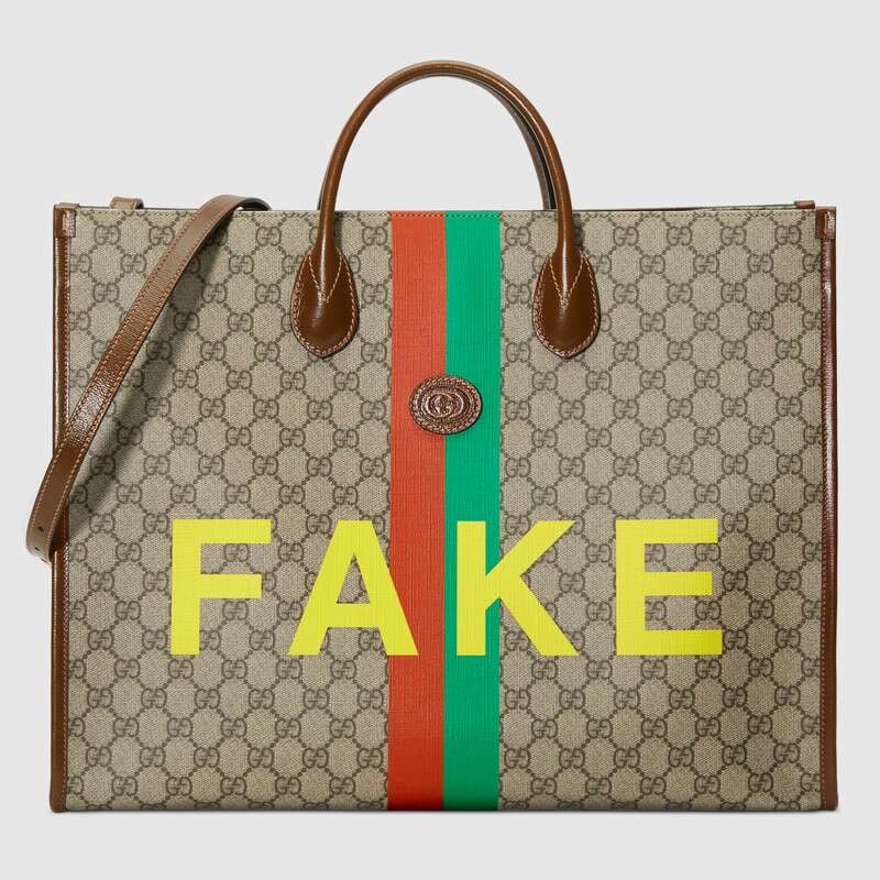 Gucci Unisex ‘Fake/Not’ Print Large Tote Bag GG Supreme Canvas