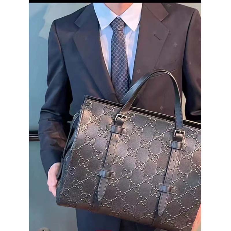 Gucci Unisex GG Embossed Tote Bag Black Leather Cotton Linen Lining
