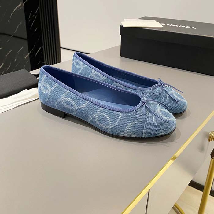 Chanel Women CC Ballet Flats Printed Denim Light Blue White