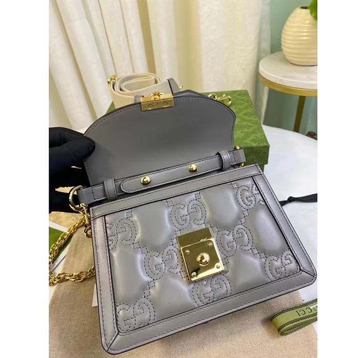 Gucci Women GG Matelassé Small Top Handle Bag Dusty Grey Leather Double G
