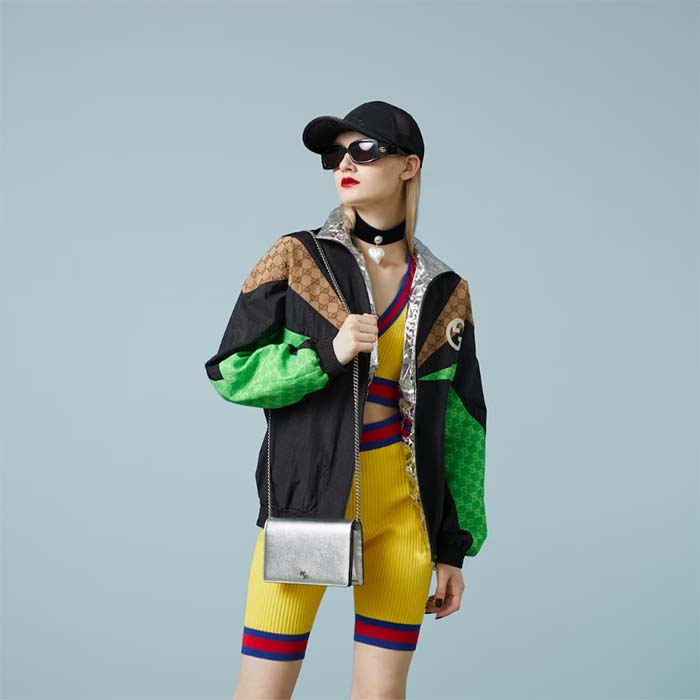 Gucci Women GG Marmont Mini Chain Bag Metallic Silver Leather Double G