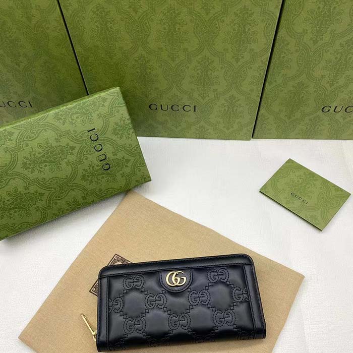 Gucci Unisex GG Marmont Zip Around Wallet Black Matelassé Leather Double G