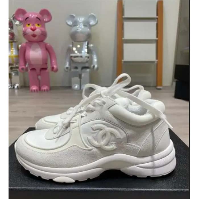 Chanel Women CC Low Top Sneakers Calfskin Suede Leather Triple White