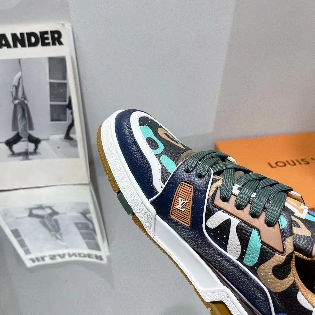 Louis Vuitton Unisex LV x YK LV Trainer Sneaker Khaki Green Camouflage-Printed Canvas Grained Calf