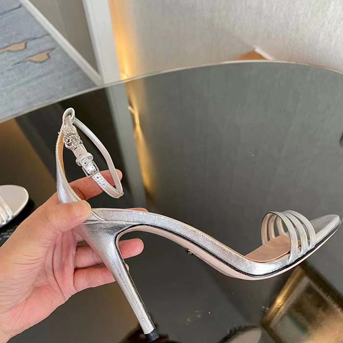 Gucci Women GG High Heeled Metallic Sandal Silver Leather Ankle Strap Metal Double G Buckle Crystals