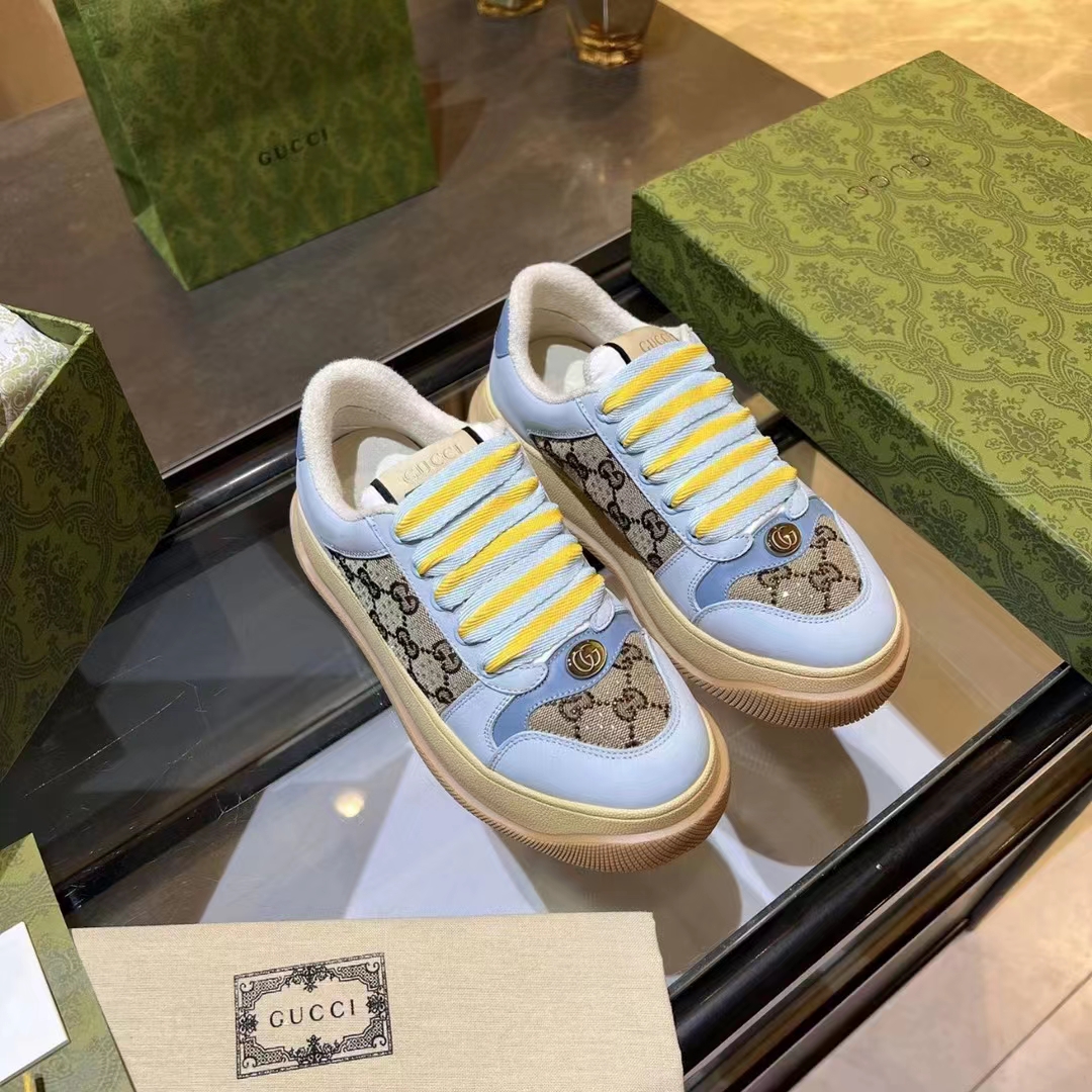 Gucci Unisex Screener Sneaker Camel Ebony GG Canvas Bi-Color Chunky Laces