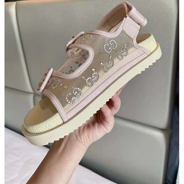Gucci Women GG Sandal Crystals Rose Beige Mesh Tonal Suede Rubber Sole Flat