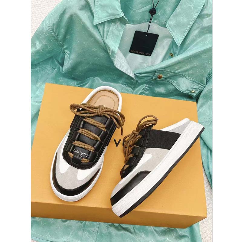 Louis Vuitton Women LV Lous Open-Back Sneaker Light Gray Suede Calf Leather Double Laces