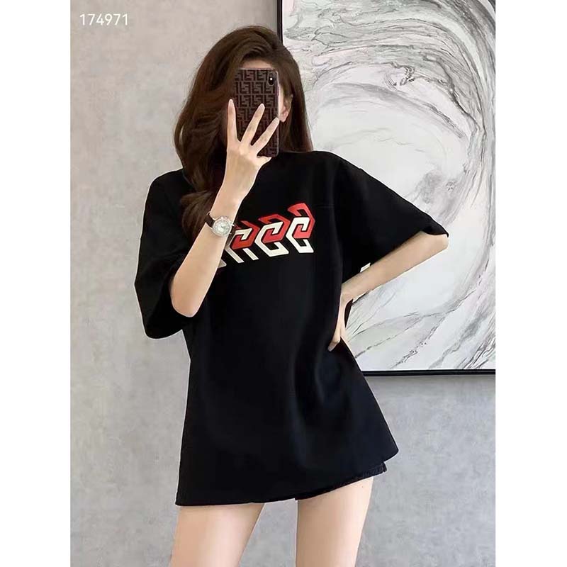 Gucci GG Women Cotton Jersey T-Shirt Black Gucci Mirror Print Crewneck Oversize Fit