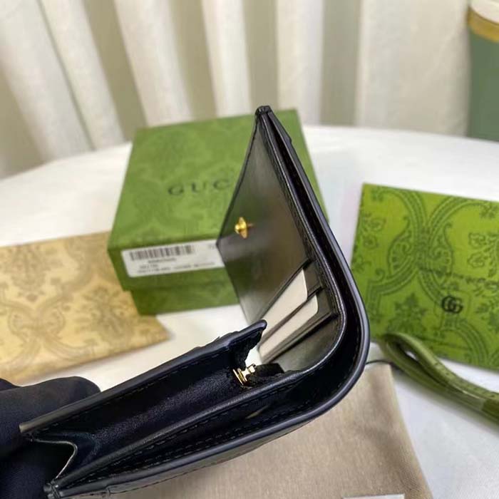 Gucci Unisex GG Marmont Card Case Wallet Black GG Matelassé Leather Double G