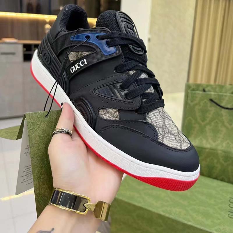 Gucci Unisex GG Basket Sneaker Interlocking G Black Beige Ebony GG Supreme Canvas