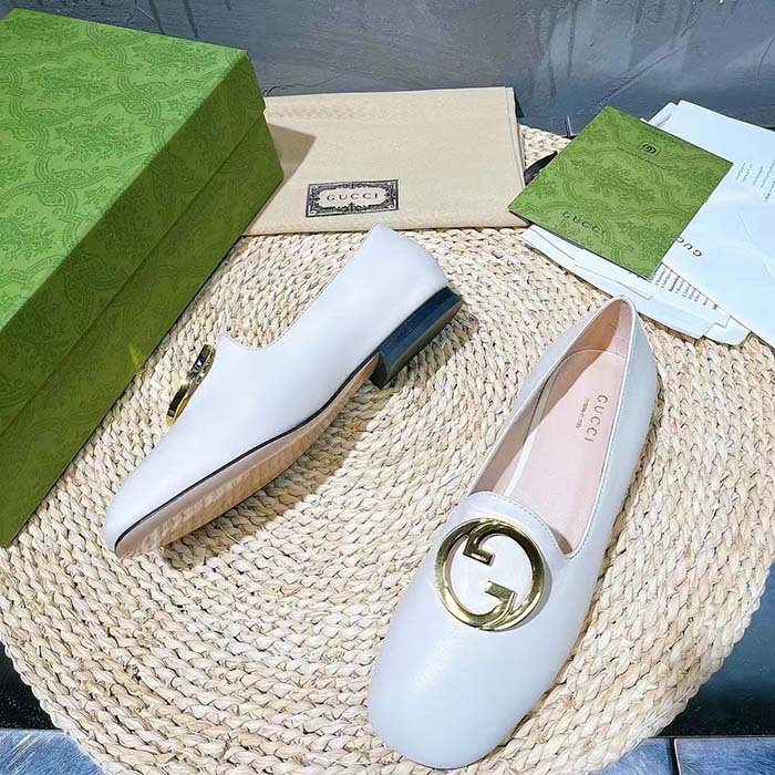 Gucci Women GG Blonde Ballet Flat White Round Interlocking G Leather