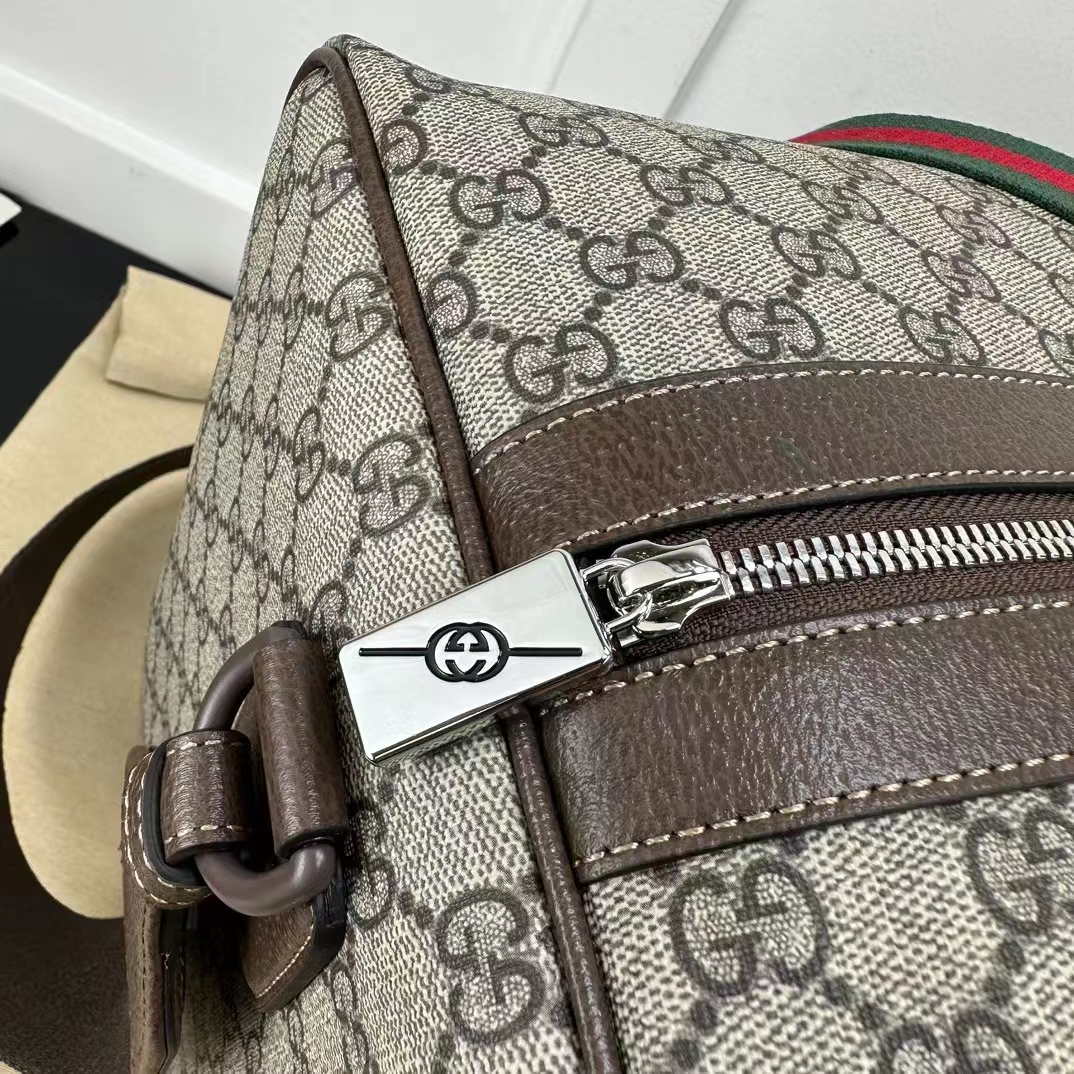 Gucci Unisex Large Duffle Bag Web Beige Ebony Soft GG Supreme Zip Closure