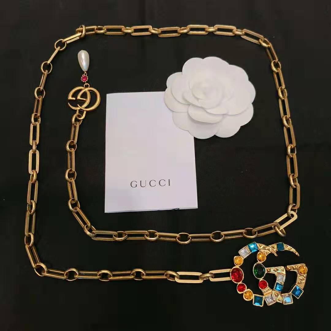 Gucci Women Chain Belt with Crystal Double G Buckle in Gold-Toned Chain