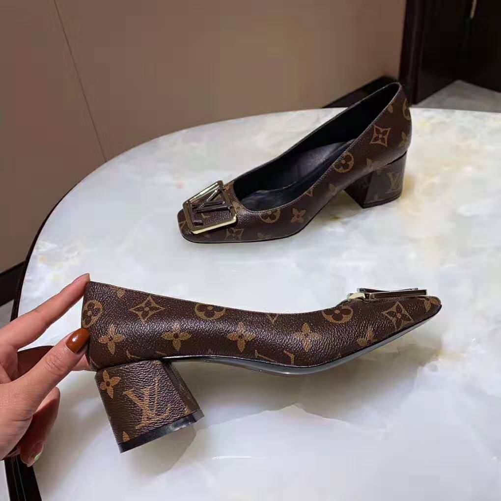 Louis Vuitton LV Women Madeleine Pump in Patent Monogram Canvas and Leather 7.5 cm Heel-Brown