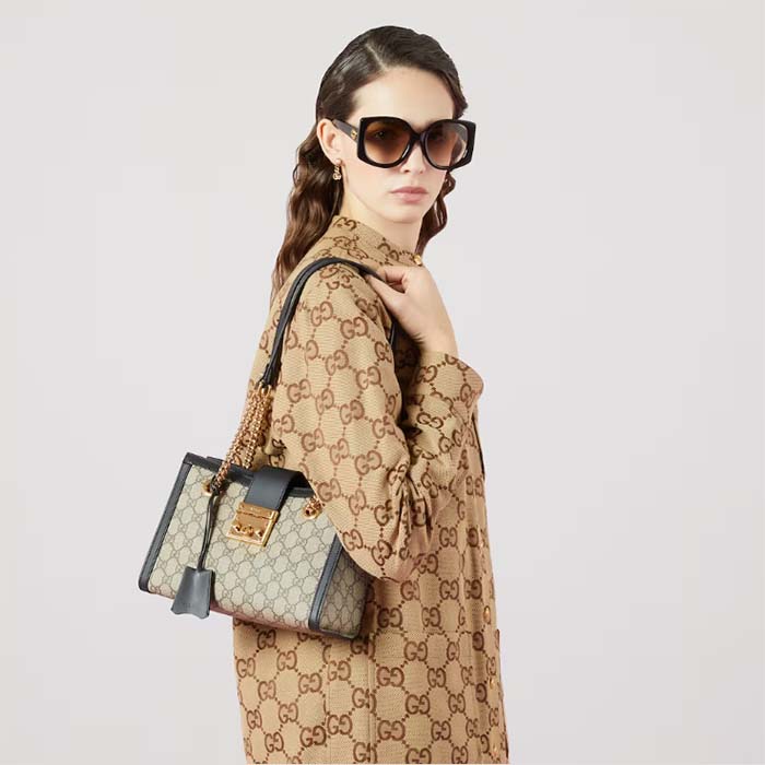 Gucci Women Padlock Small GG Shoulder Bag Beige Ebony GG Supreme Canvas Black Leather