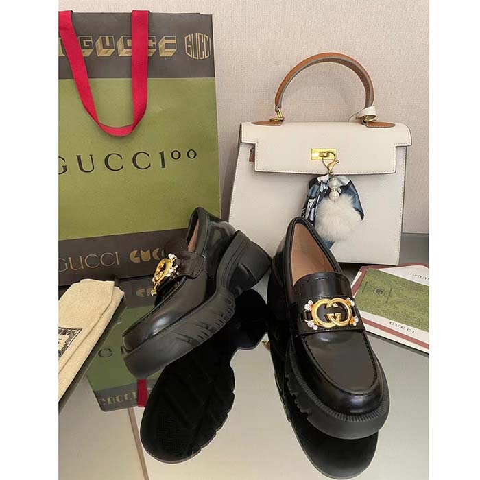Gucci Women GG Lug Sole Interlocking G Loafer Black Patent Leather Low Heel Rubber
