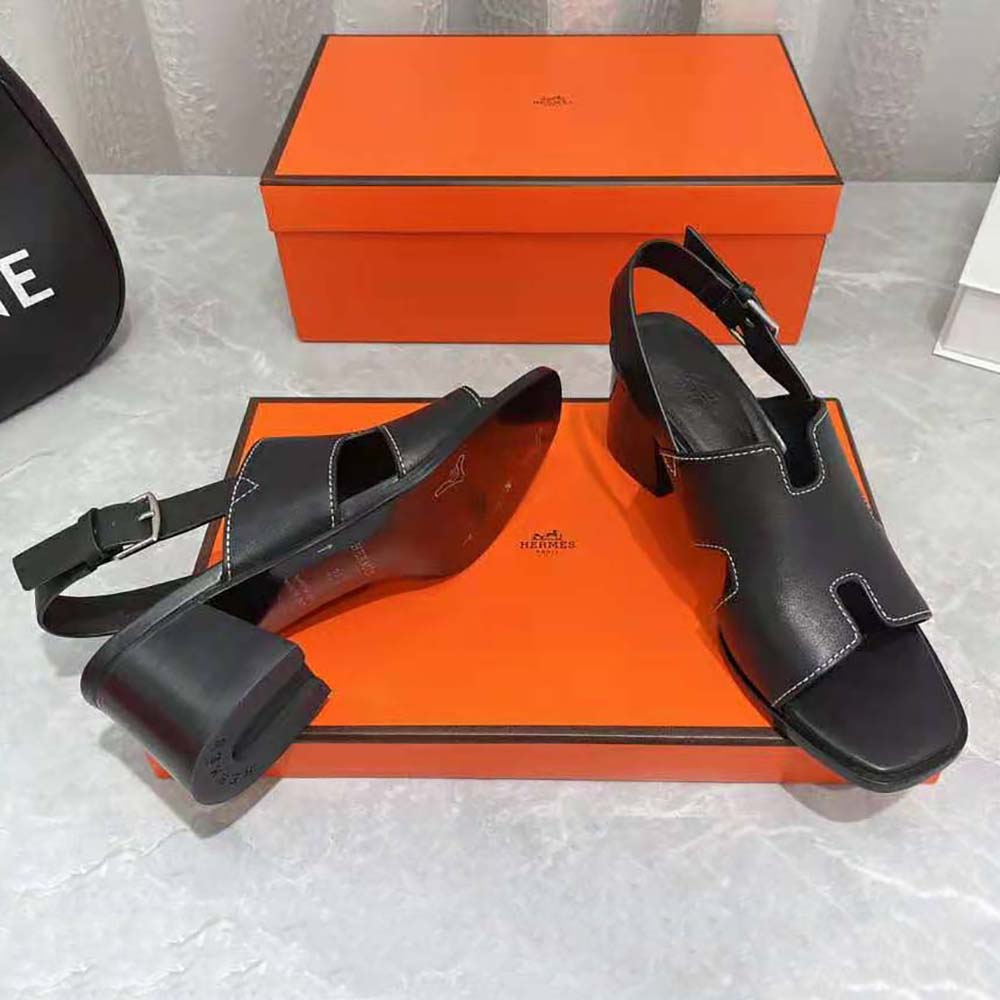 Hermes Women Elbe 60 Sandal in Calfskin Leather-Black