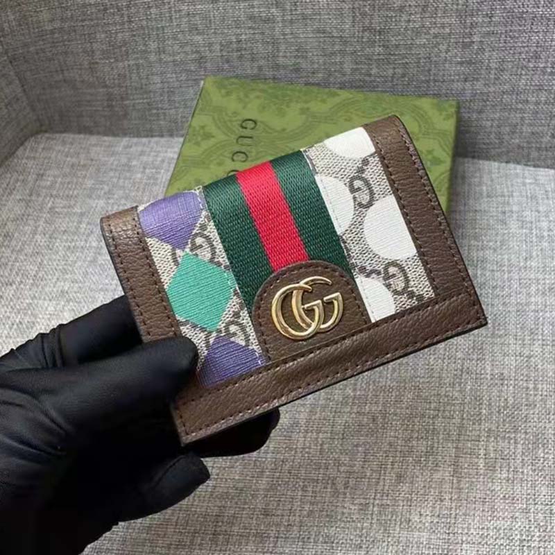 Gucci Unisex GG Ophidia Card Case Wallet Brown Leather Beige Ebony Supreme Canvas