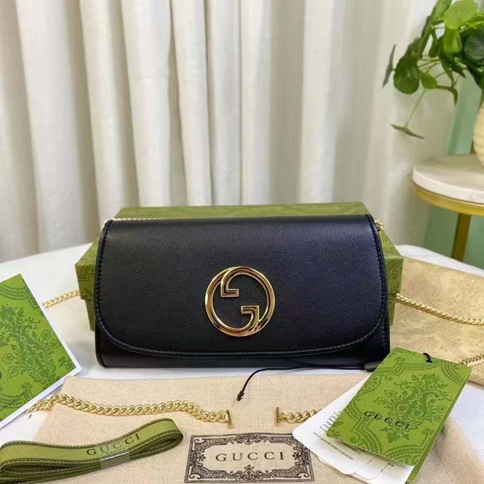Gucci Women GG Blondie Continental Chain Wallet Black Leather Round Interlocking G