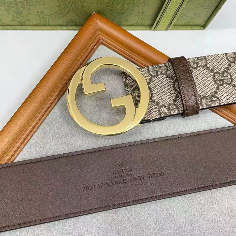 Gucci Unisex GG Blondie Belt Round Interlocking G Buckle Ebony Beige Supreme Canvas
