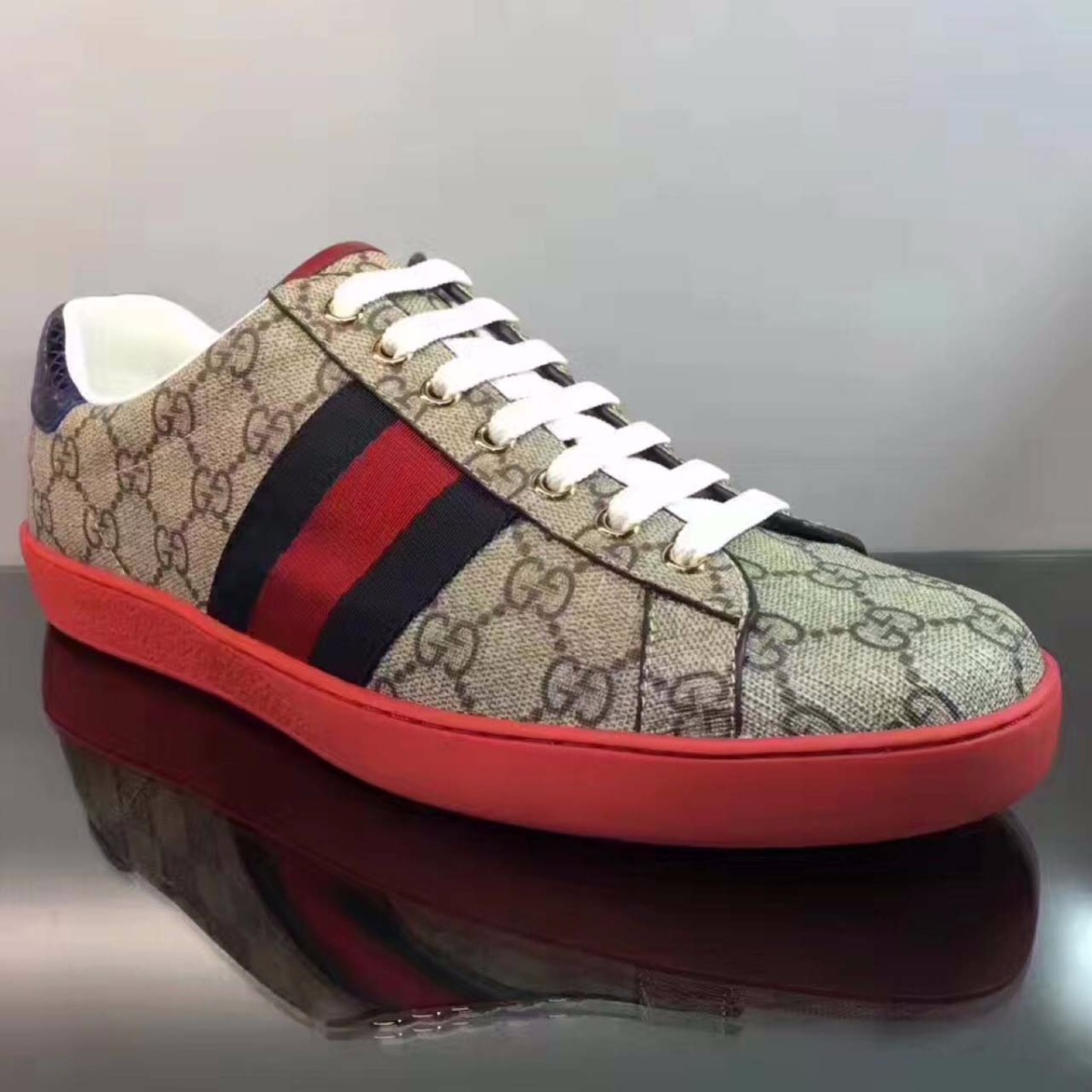 Gucci Men Ace GG Supreme Canvas Sneaker Shoes-Red