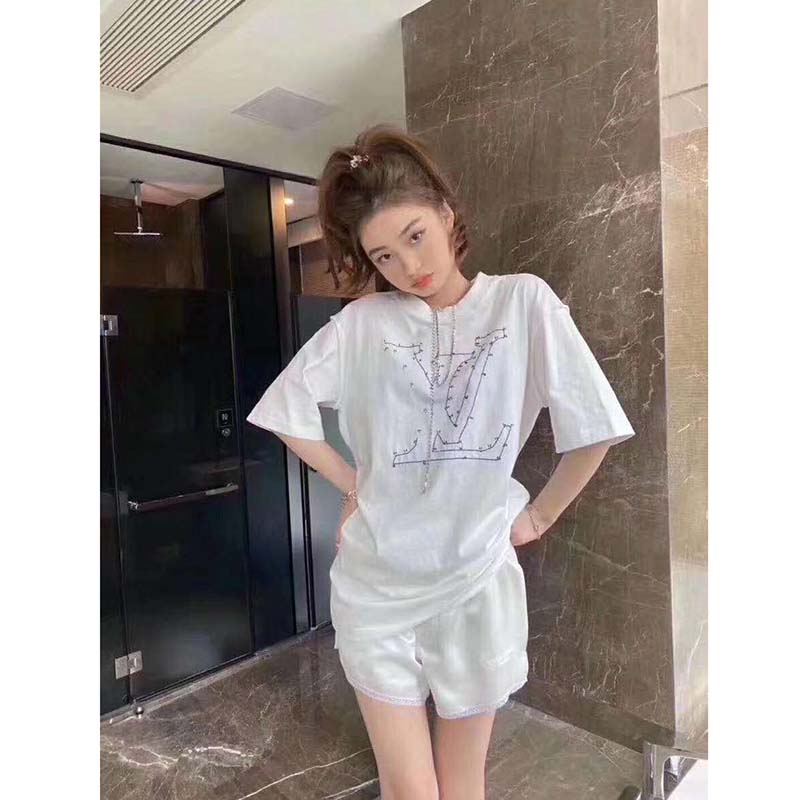 Louis Vuitton LV Women LV Stitch Print Embroidered T-Shirt Regular Fit Cotton-White