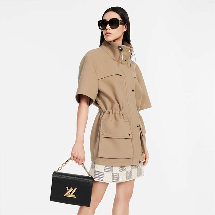 Louis Vuitton LV Women Twist MM Handbag Black Epi Grained Leather Monogram Flower