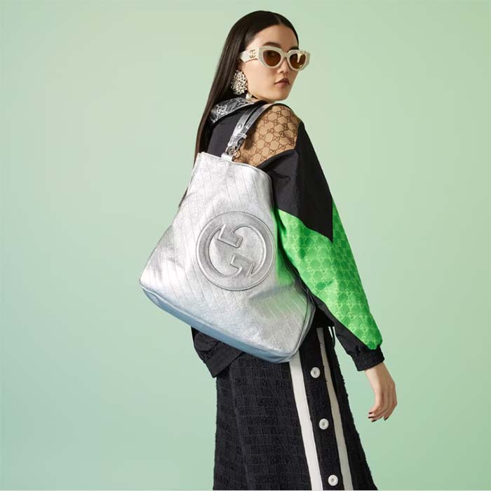 Gucci Unisex Blondie Medium Tote Bag Silver Lamé Leather Round Interlocking G