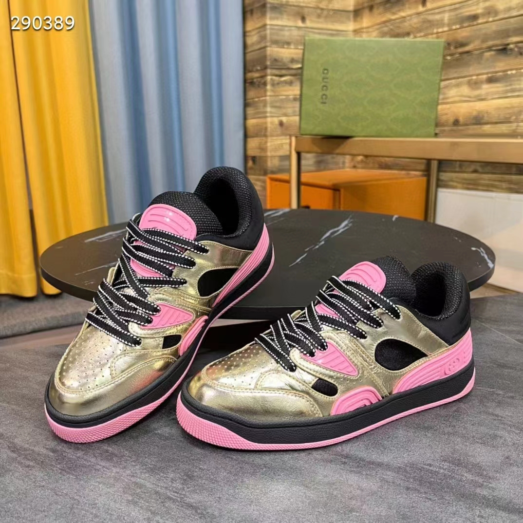 Gucci Unisex Basket Sneaker Gold Metallic Leather Pink Rubber Low 3.3 Cm Heel