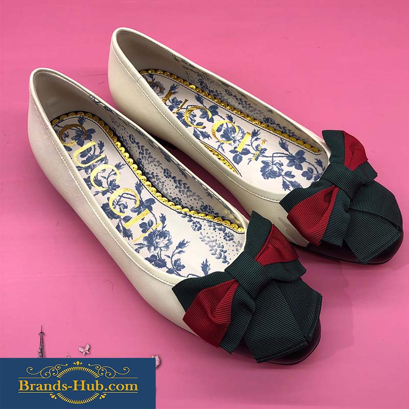 Gucci Women Shoes Leather Ballet Flat with Web Bow 10mm Heel-White