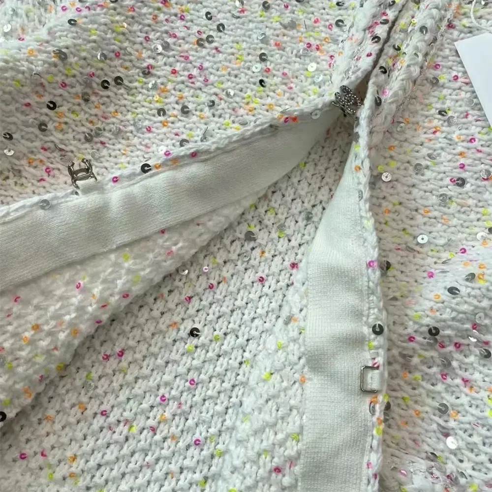 Chanel Women CC Coat Embroidered Cotton Wool Tweed Pink White