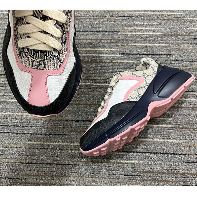 Gucci Unisex Rhyton Sneaker Beige Blue GG Supreme Canvas Rubber Sole Mid Heel