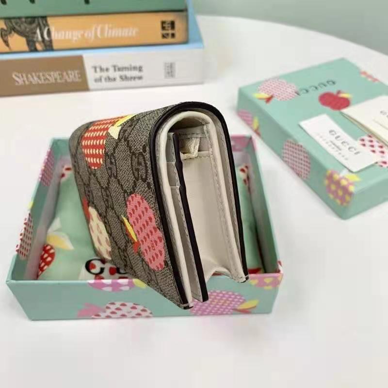 Gucci Unisex Gucci Les Pommes Card Case Wallet Beige Brown Ebony GG Supreme Canvas