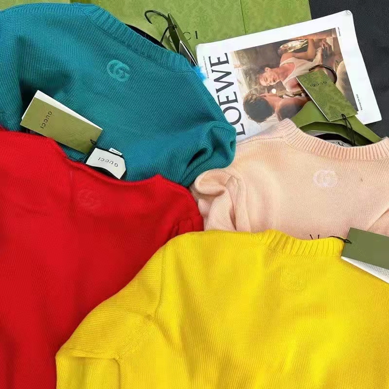 Gucci GG Women Detachable Feathers Wool Sweater Double G Embroidery Crewneck