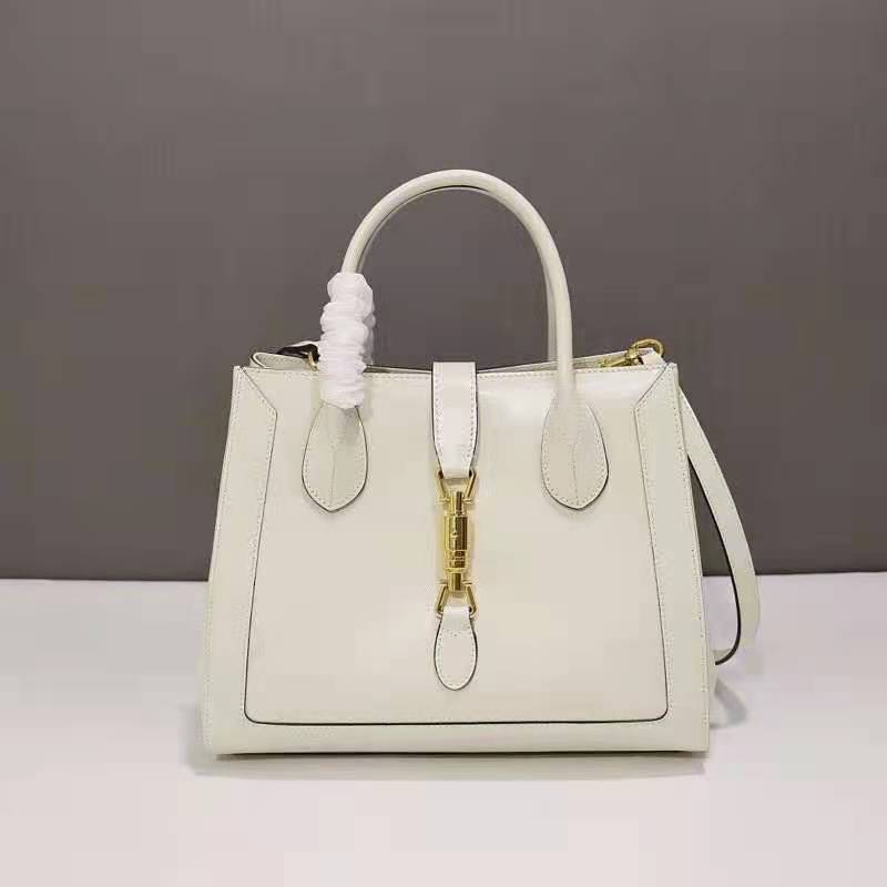 Gucci GG Unisex Jackie 1961 Medium Tote Bag White Leather Gold Toned Hardware