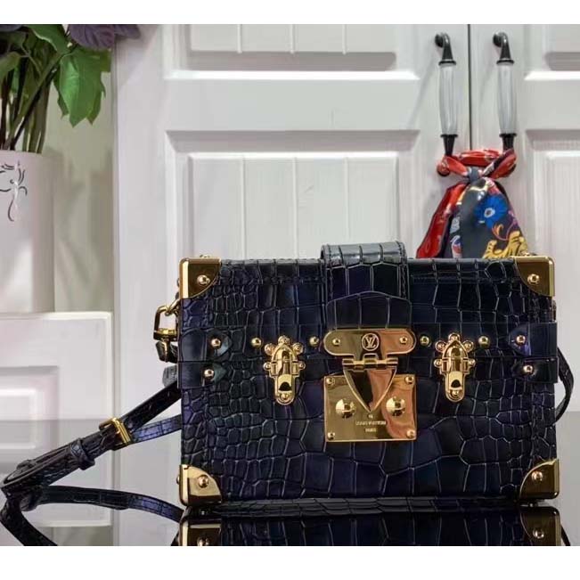 Louis Vuitton LV Women Petite Malle Handbag Saphir Blue Brilliant Niloticus Leather