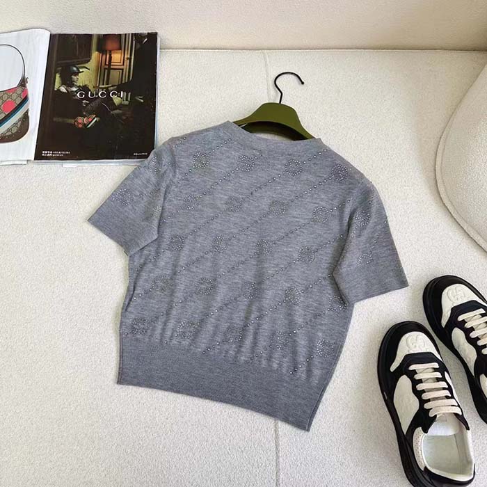 Gucci Women GG Cashmere Crewneck Interlocking G Grey Diagonal Stripe Crystals